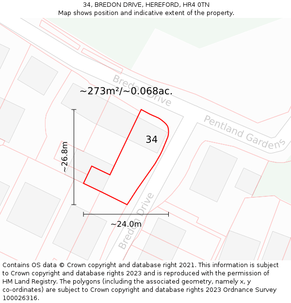 34, BREDON DRIVE, HEREFORD, HR4 0TN: Plot and title map
