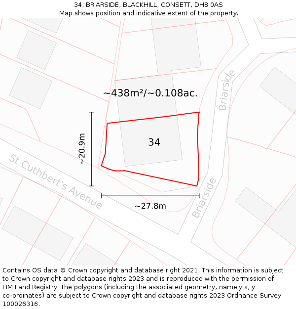 34, BRIARSIDE, BLACKHILL, CONSETT, DH8 0AS: Plot and title map