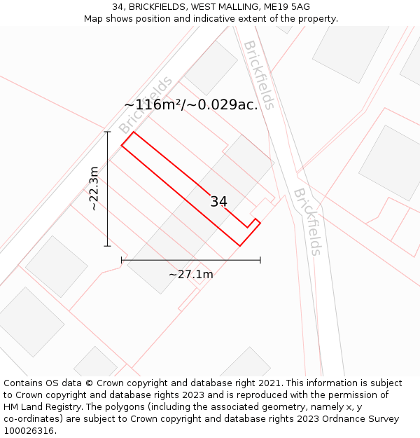 34, BRICKFIELDS, WEST MALLING, ME19 5AG: Plot and title map
