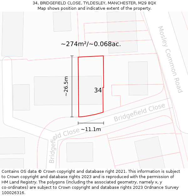34, BRIDGEFIELD CLOSE, TYLDESLEY, MANCHESTER, M29 8QX: Plot and title map