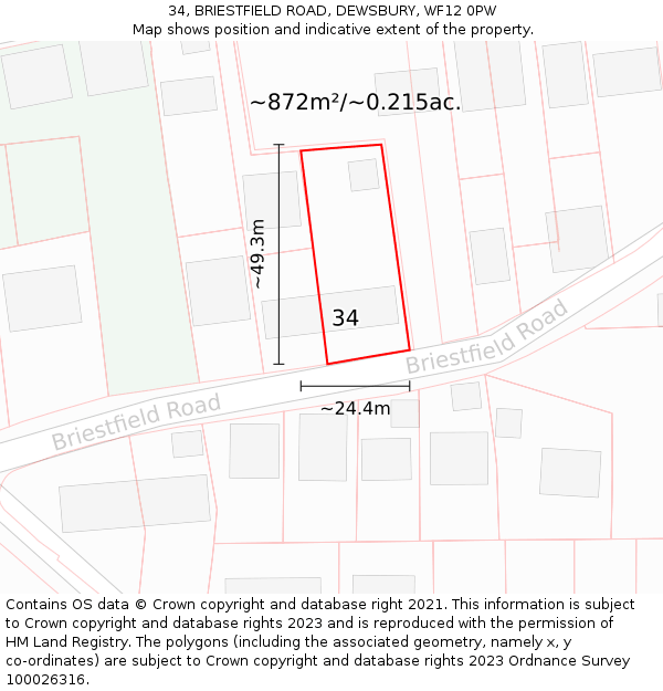 34, BRIESTFIELD ROAD, DEWSBURY, WF12 0PW: Plot and title map