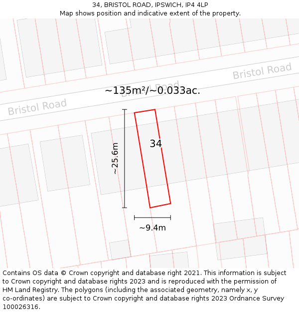 34, BRISTOL ROAD, IPSWICH, IP4 4LP: Plot and title map
