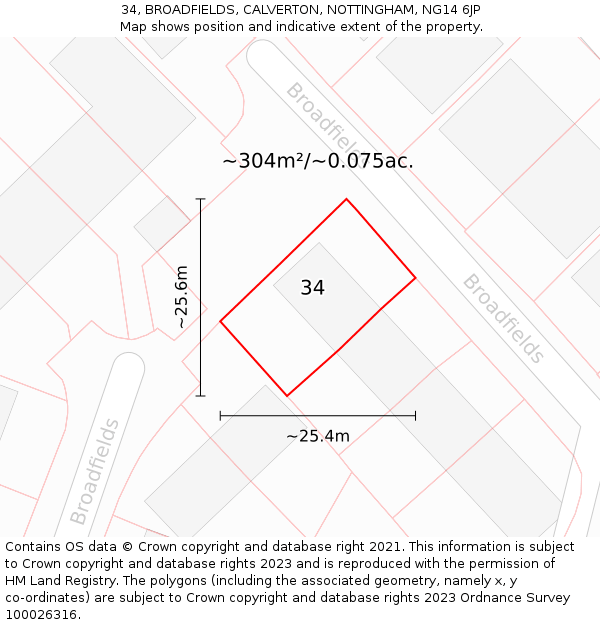 34, BROADFIELDS, CALVERTON, NOTTINGHAM, NG14 6JP: Plot and title map