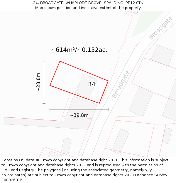 34, BROADGATE, WHAPLODE DROVE, SPALDING, PE12 0TN: Plot and title map