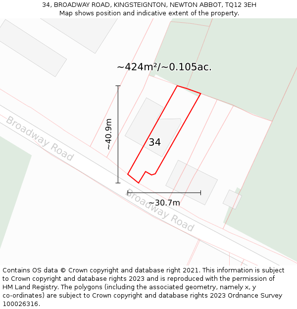 34, BROADWAY ROAD, KINGSTEIGNTON, NEWTON ABBOT, TQ12 3EH: Plot and title map
