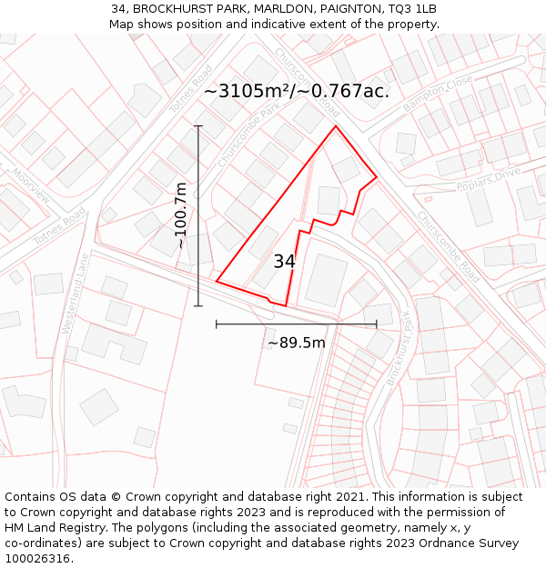 34, BROCKHURST PARK, MARLDON, PAIGNTON, TQ3 1LB: Plot and title map
