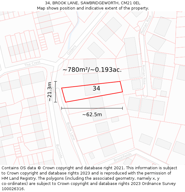 34, BROOK LANE, SAWBRIDGEWORTH, CM21 0EL: Plot and title map
