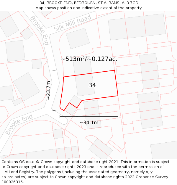 34, BROOKE END, REDBOURN, ST ALBANS, AL3 7GD: Plot and title map