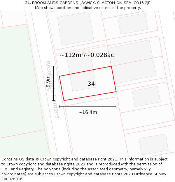 34, BROOKLANDS GARDENS, JAYWICK, CLACTON-ON-SEA, CO15 2JP: Plot and title map