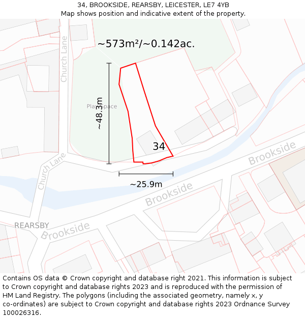 34, BROOKSIDE, REARSBY, LEICESTER, LE7 4YB: Plot and title map