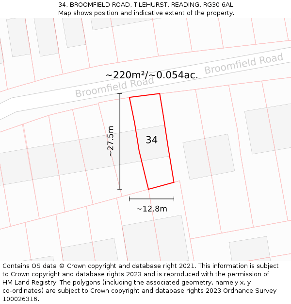 34, BROOMFIELD ROAD, TILEHURST, READING, RG30 6AL: Plot and title map