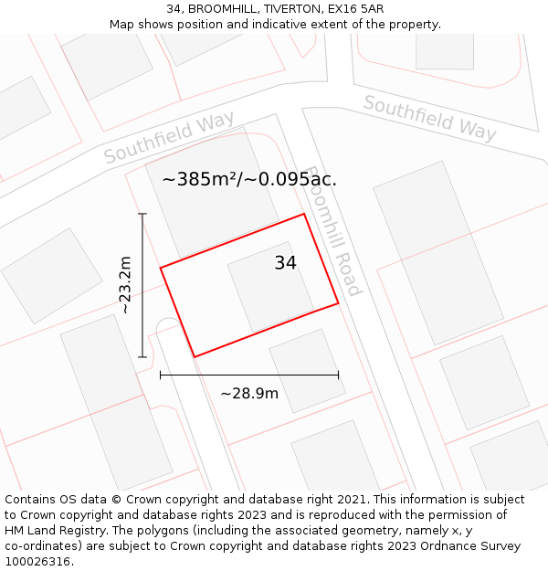 34, BROOMHILL, TIVERTON, EX16 5AR: Plot and title map