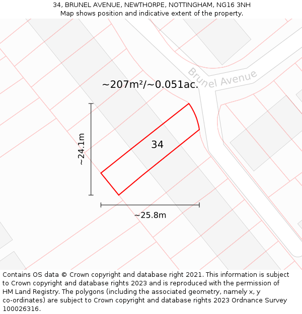 34, BRUNEL AVENUE, NEWTHORPE, NOTTINGHAM, NG16 3NH: Plot and title map