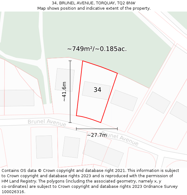 34, BRUNEL AVENUE, TORQUAY, TQ2 8NW: Plot and title map