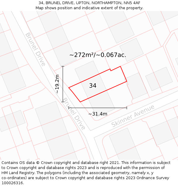 34, BRUNEL DRIVE, UPTON, NORTHAMPTON, NN5 4AF: Plot and title map