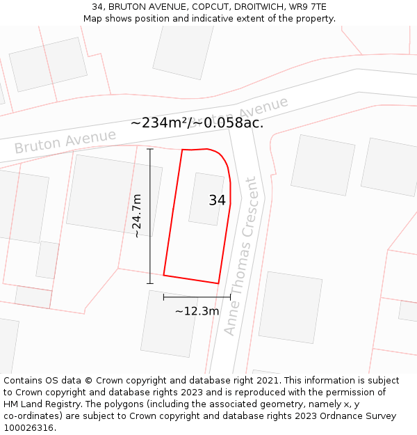 34, BRUTON AVENUE, COPCUT, DROITWICH, WR9 7TE: Plot and title map
