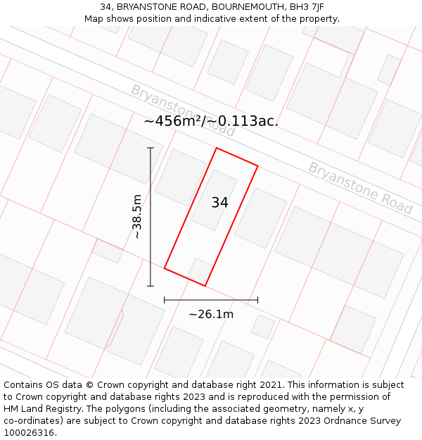 34, BRYANSTONE ROAD, BOURNEMOUTH, BH3 7JF: Plot and title map