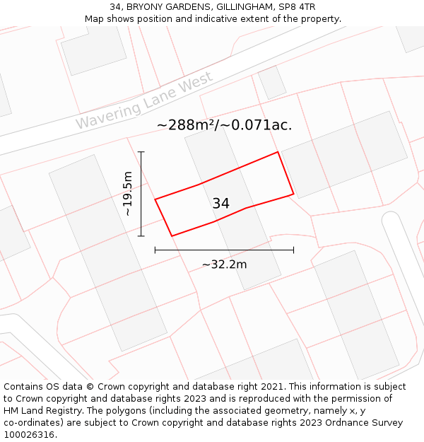 34, BRYONY GARDENS, GILLINGHAM, SP8 4TR: Plot and title map