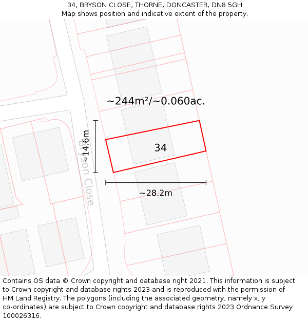 34, BRYSON CLOSE, THORNE, DONCASTER, DN8 5GH: Plot and title map