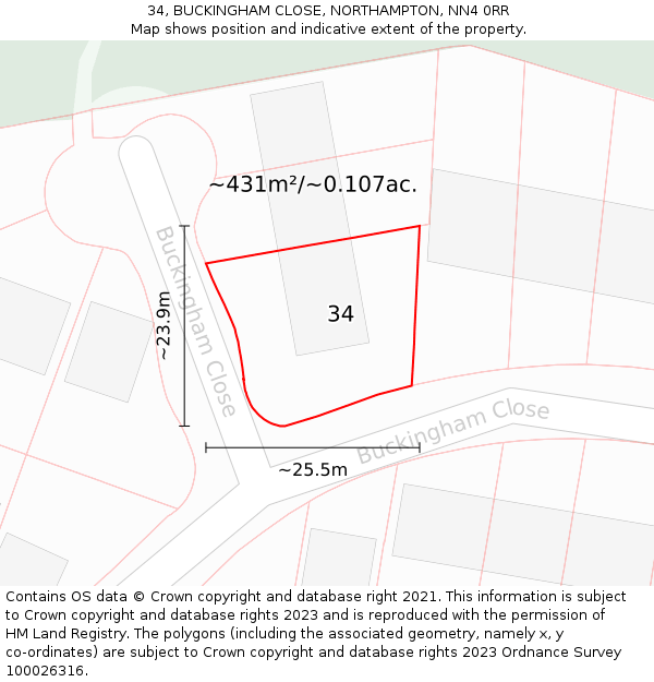 34, BUCKINGHAM CLOSE, NORTHAMPTON, NN4 0RR: Plot and title map