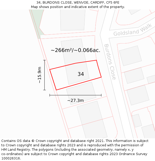 34, BURDONS CLOSE, WENVOE, CARDIFF, CF5 6FE: Plot and title map