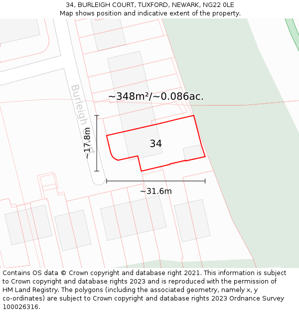 34, BURLEIGH COURT, TUXFORD, NEWARK, NG22 0LE: Plot and title map