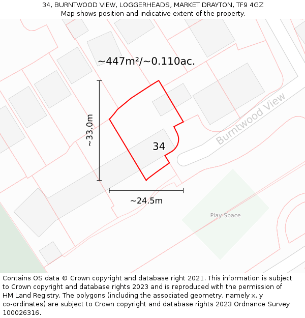 34, BURNTWOOD VIEW, LOGGERHEADS, MARKET DRAYTON, TF9 4GZ: Plot and title map