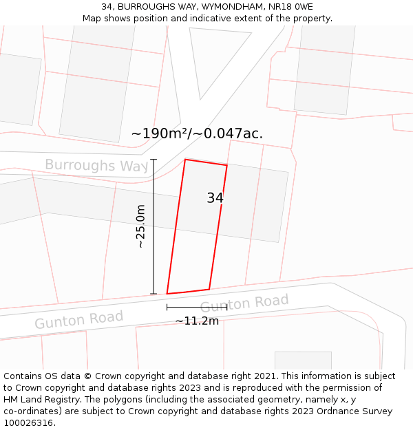 34, BURROUGHS WAY, WYMONDHAM, NR18 0WE: Plot and title map