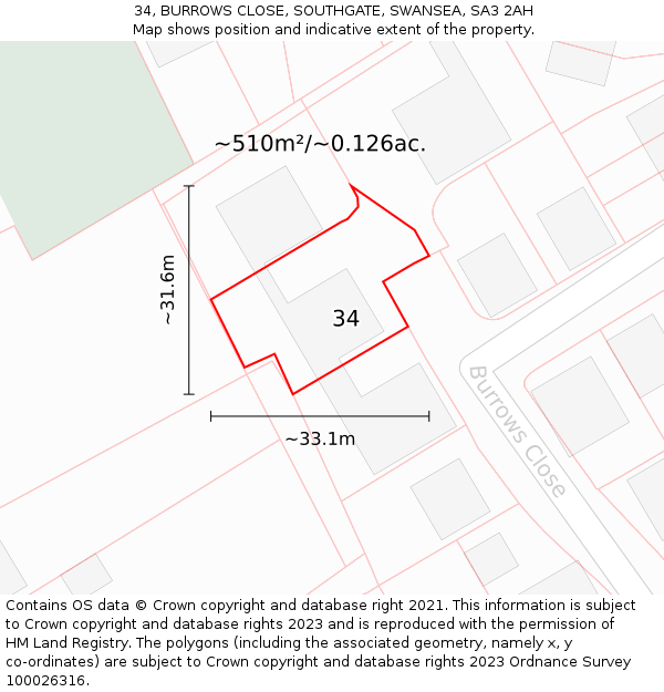 34, BURROWS CLOSE, SOUTHGATE, SWANSEA, SA3 2AH: Plot and title map
