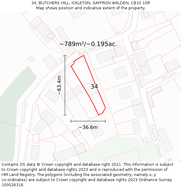 34, BUTCHERS HILL, ICKLETON, SAFFRON WALDEN, CB10 1SR: Plot and title map