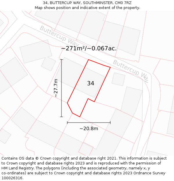34, BUTTERCUP WAY, SOUTHMINSTER, CM0 7RZ: Plot and title map