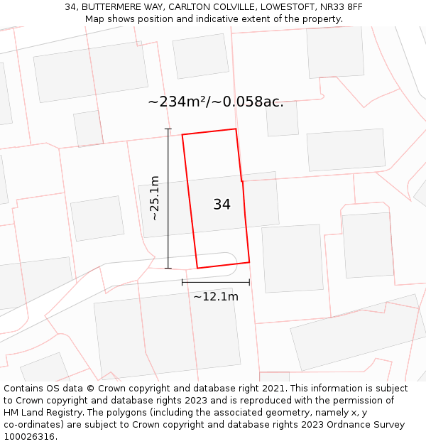 34, BUTTERMERE WAY, CARLTON COLVILLE, LOWESTOFT, NR33 8FF: Plot and title map