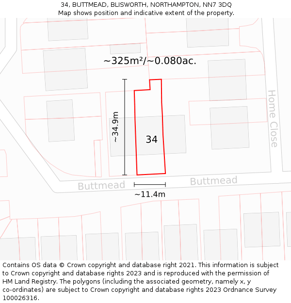 34, BUTTMEAD, BLISWORTH, NORTHAMPTON, NN7 3DQ: Plot and title map