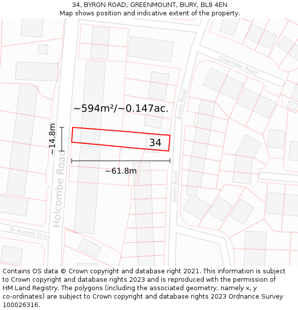 34, BYRON ROAD, GREENMOUNT, BURY, BL8 4EN: Plot and title map