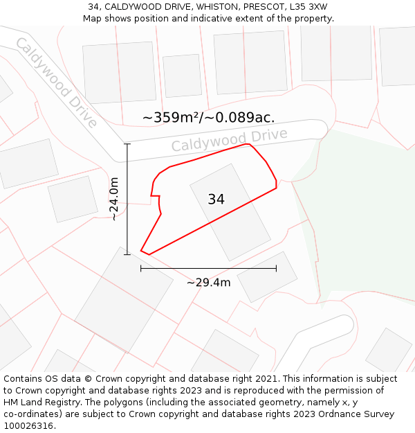 34, CALDYWOOD DRIVE, WHISTON, PRESCOT, L35 3XW: Plot and title map