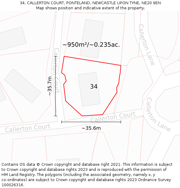 34, CALLERTON COURT, PONTELAND, NEWCASTLE UPON TYNE, NE20 9EN: Plot and title map