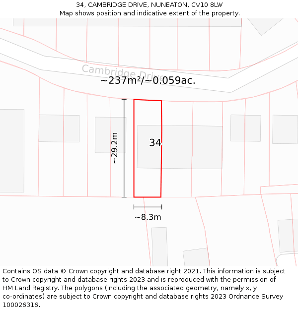 34, CAMBRIDGE DRIVE, NUNEATON, CV10 8LW: Plot and title map