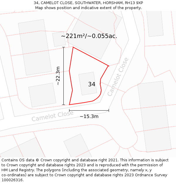 34, CAMELOT CLOSE, SOUTHWATER, HORSHAM, RH13 9XP: Plot and title map