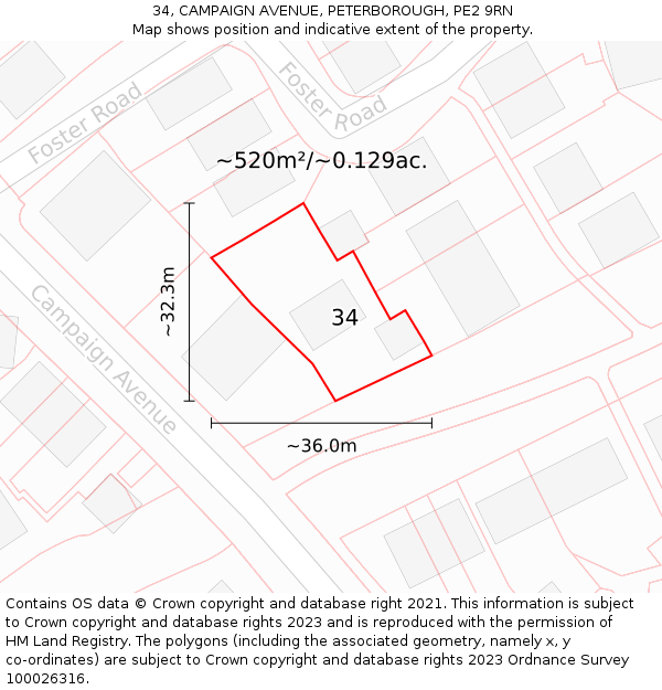 34, CAMPAIGN AVENUE, PETERBOROUGH, PE2 9RN: Plot and title map