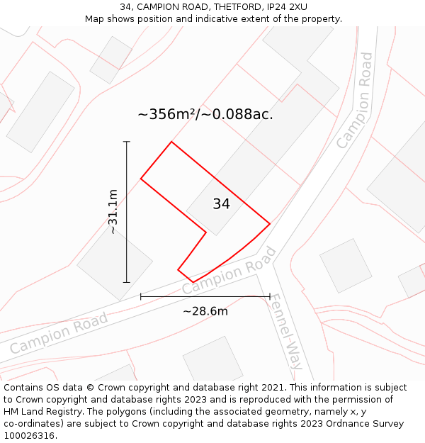 34, CAMPION ROAD, THETFORD, IP24 2XU: Plot and title map