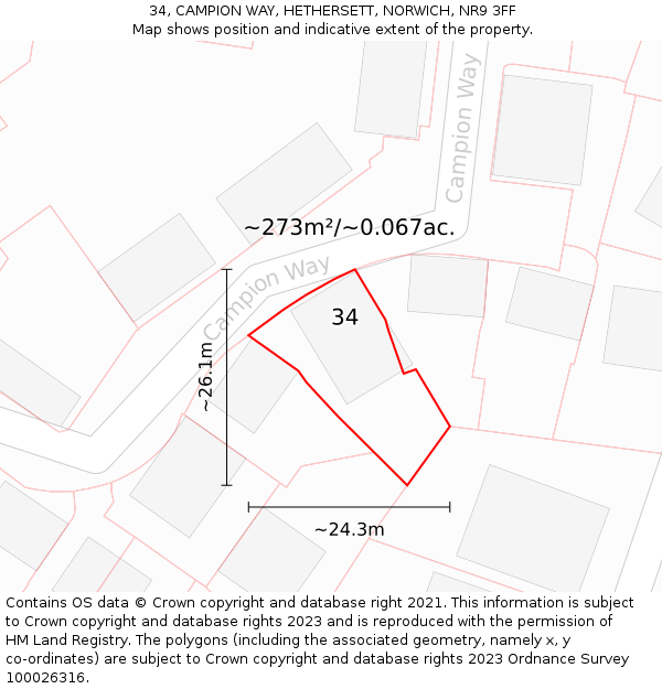 34, CAMPION WAY, HETHERSETT, NORWICH, NR9 3FF: Plot and title map