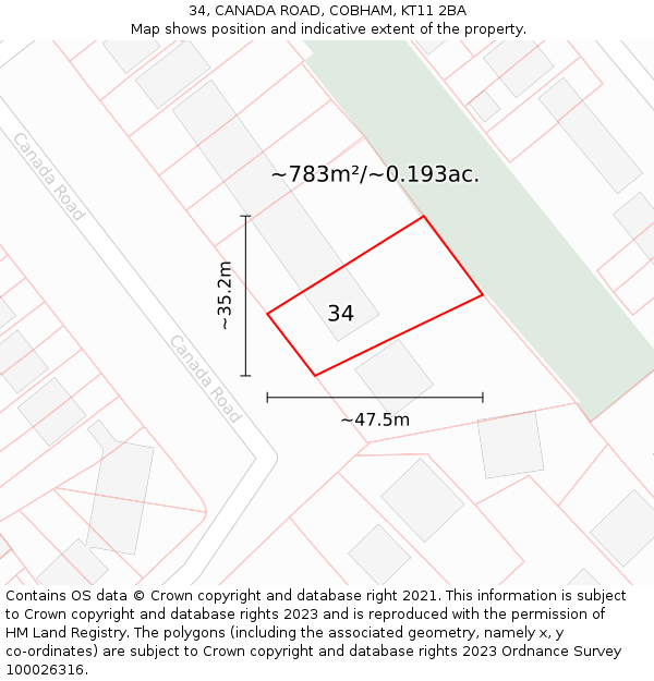 34, CANADA ROAD, COBHAM, KT11 2BA: Plot and title map