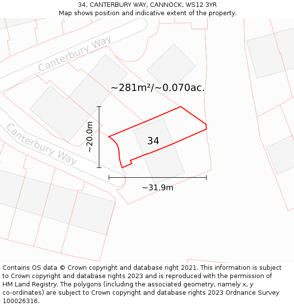 34, CANTERBURY WAY, CANNOCK, WS12 3YR: Plot and title map