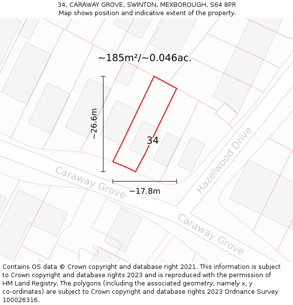 34, CARAWAY GROVE, SWINTON, MEXBOROUGH, S64 8PR: Plot and title map
