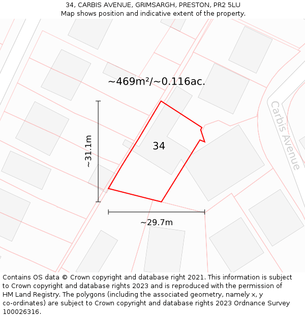 34, CARBIS AVENUE, GRIMSARGH, PRESTON, PR2 5LU: Plot and title map