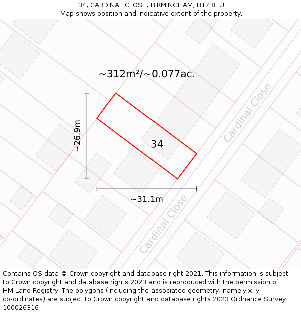 34, CARDINAL CLOSE, BIRMINGHAM, B17 8EU: Plot and title map