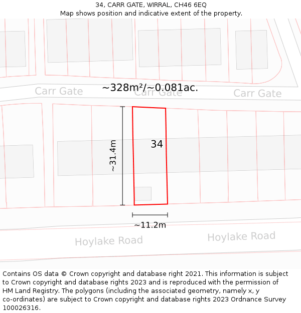 34, CARR GATE, WIRRAL, CH46 6EQ: Plot and title map