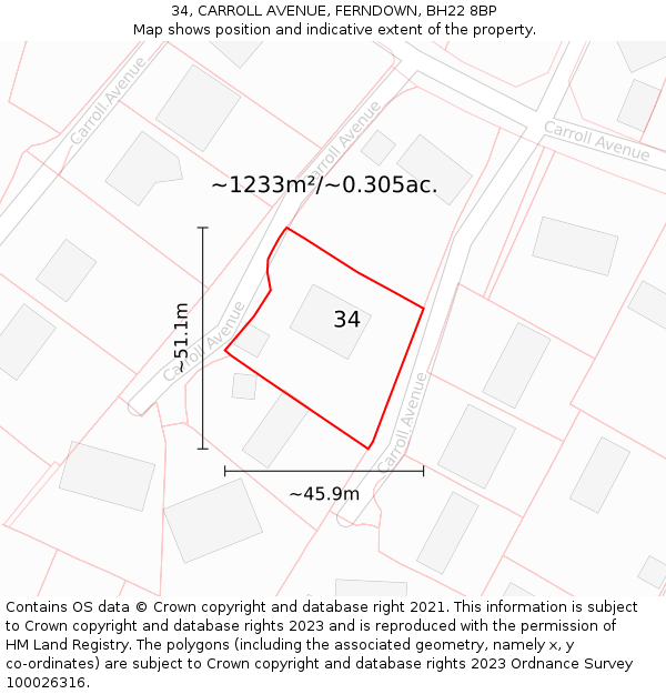 34, CARROLL AVENUE, FERNDOWN, BH22 8BP: Plot and title map