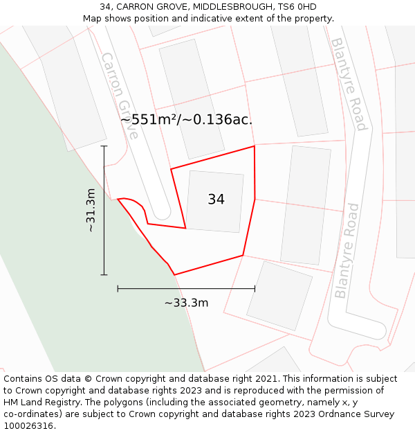34, CARRON GROVE, MIDDLESBROUGH, TS6 0HD: Plot and title map