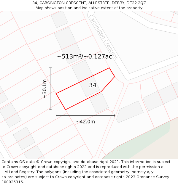 34, CARSINGTON CRESCENT, ALLESTREE, DERBY, DE22 2QZ: Plot and title map